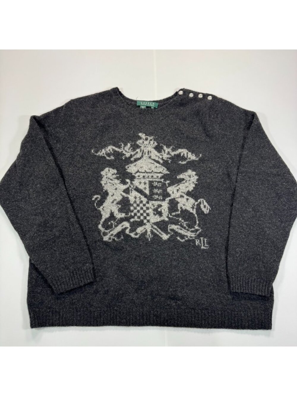Lauren Ralph Lauren Sweater Women 2X Gray Graphic Print Wool Knit Holiday Winter